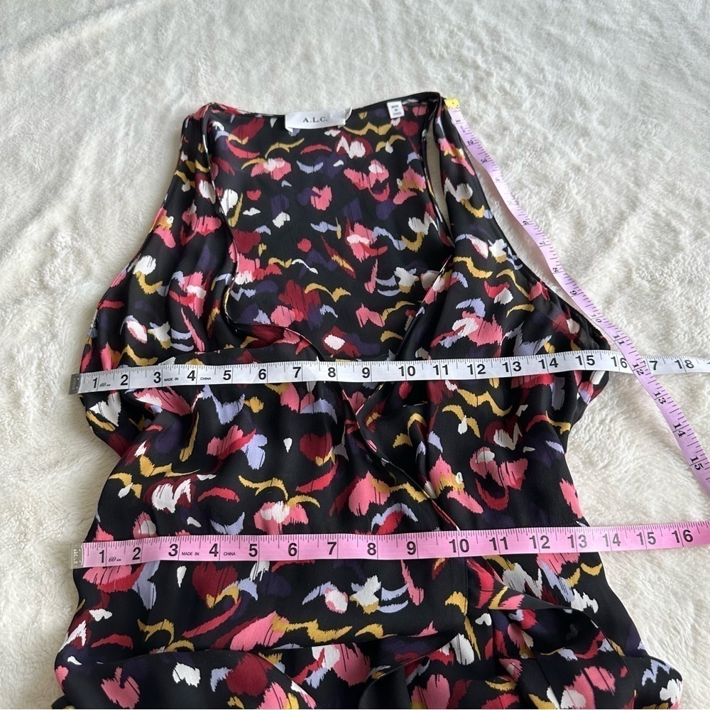 A.L.C Roslyn Silk Print Black Pink V-neck Sleeveless Midi Dress M (10) - Picture 4 of 13